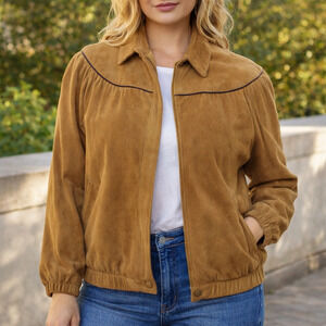 80s Cotedazur Women’s Fawn Brown Suede Jacket Leather Trim Vintage L/XL